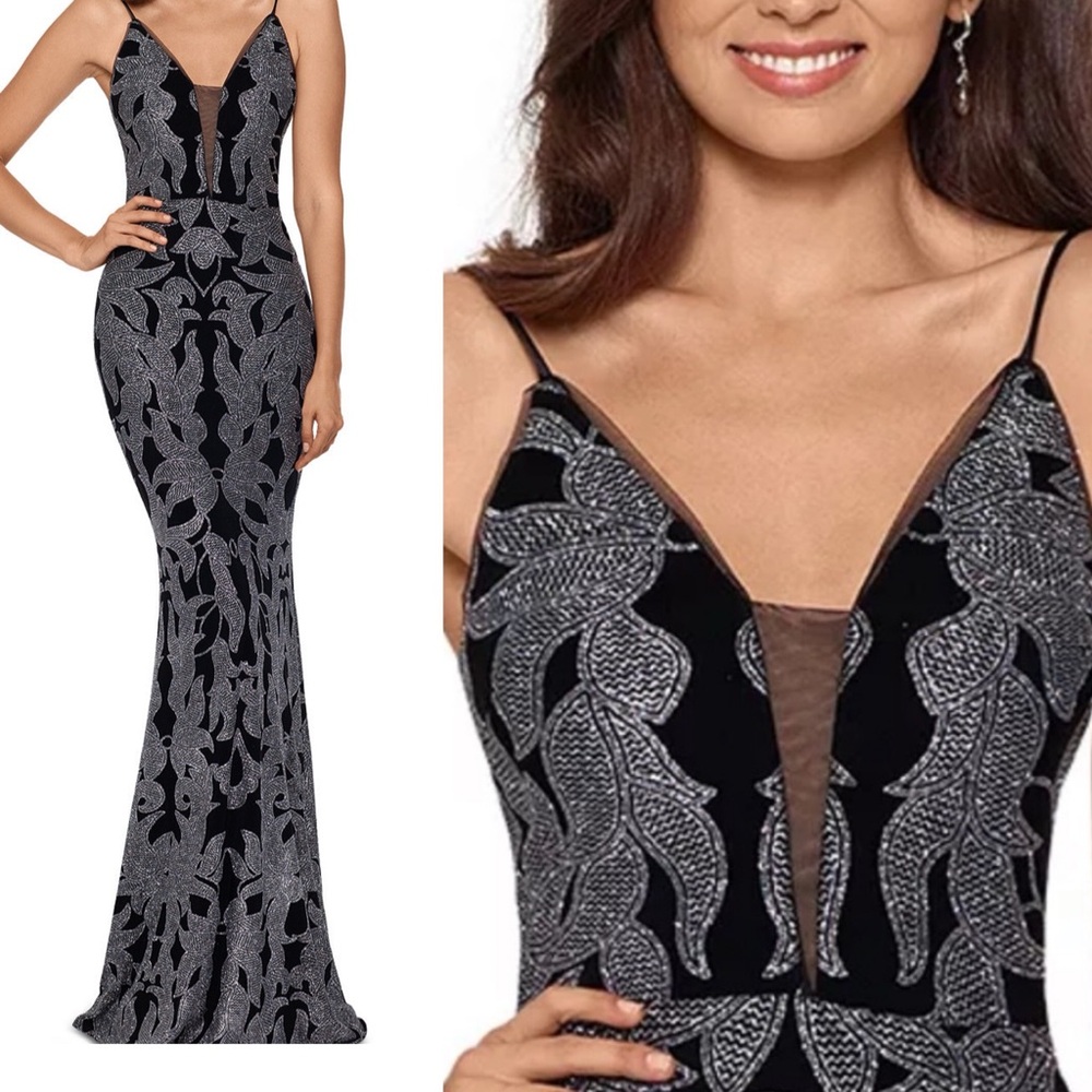Betsy & Adam gown designed illusion mesh inset & sparkling glitter print size 8